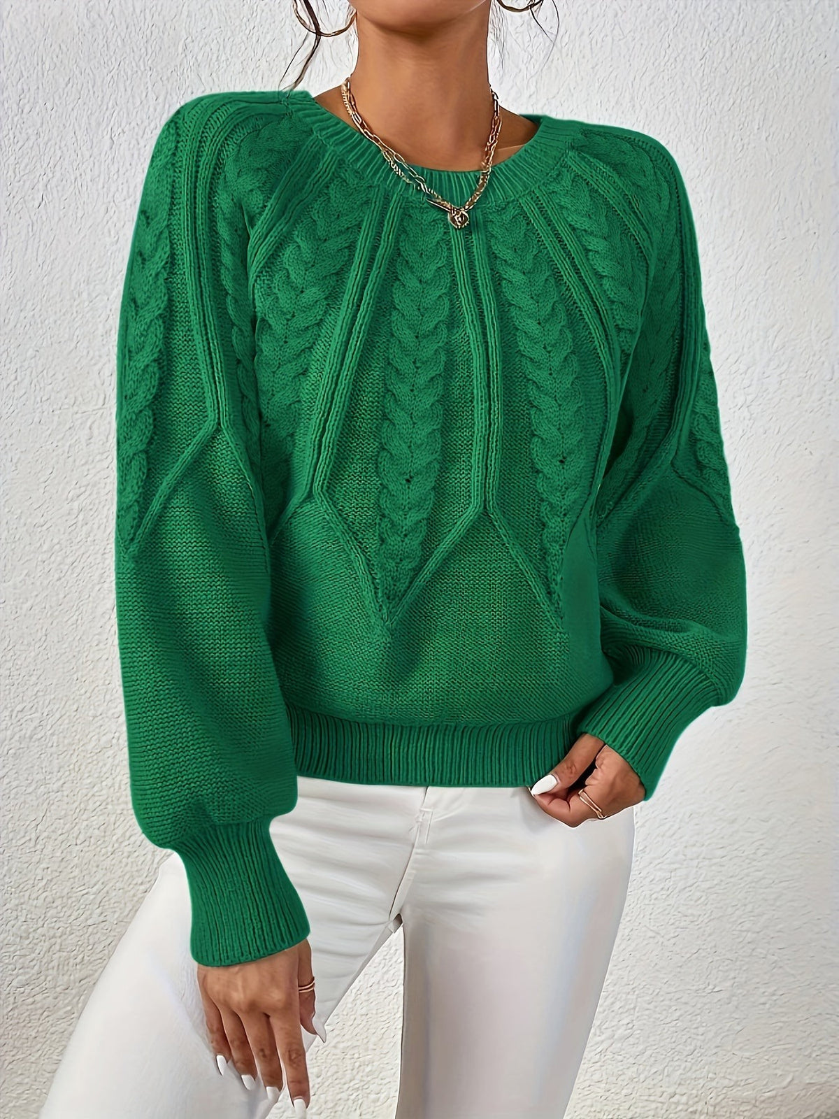 Women's Relaxed Cable Knit Jumper with Lantern Sleeves
