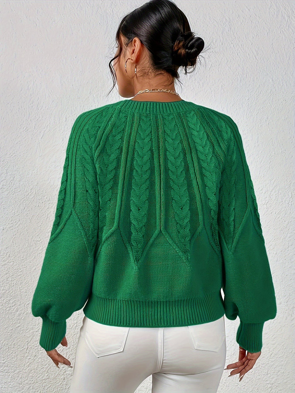 Women's Relaxed Cable Knit Jumper with Lantern Sleeves