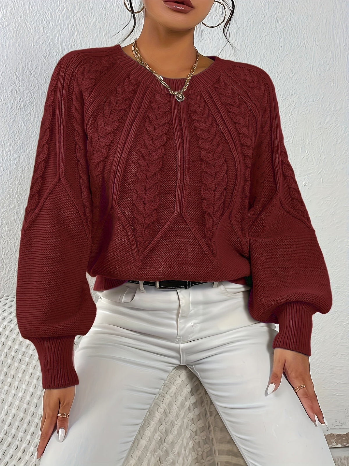 Women's Relaxed Cable Knit Jumper with Lantern Sleeves