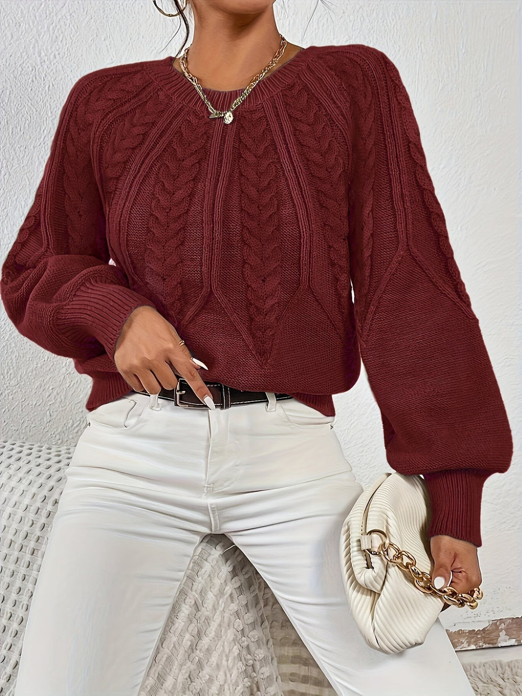 Women's Relaxed Cable Knit Jumper with Lantern Sleeves