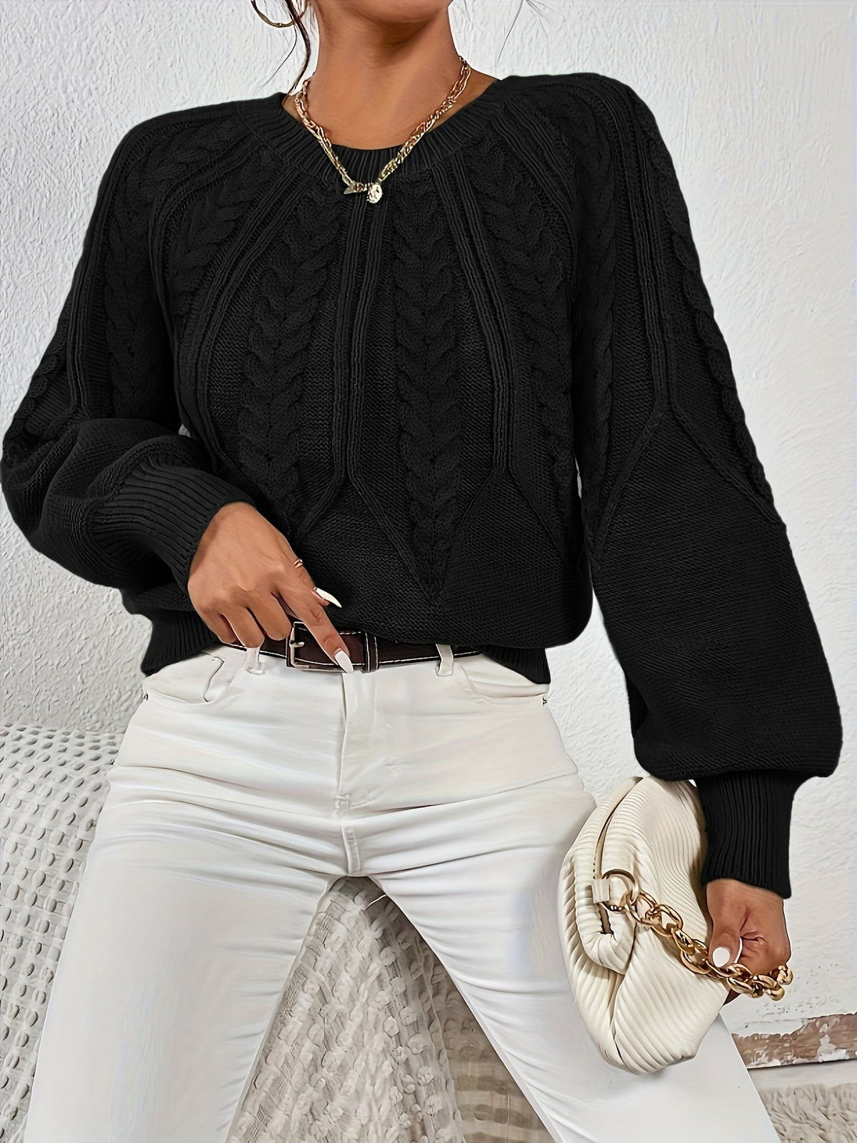 Women's Relaxed Cable Knit Jumper with Lantern Sleeves