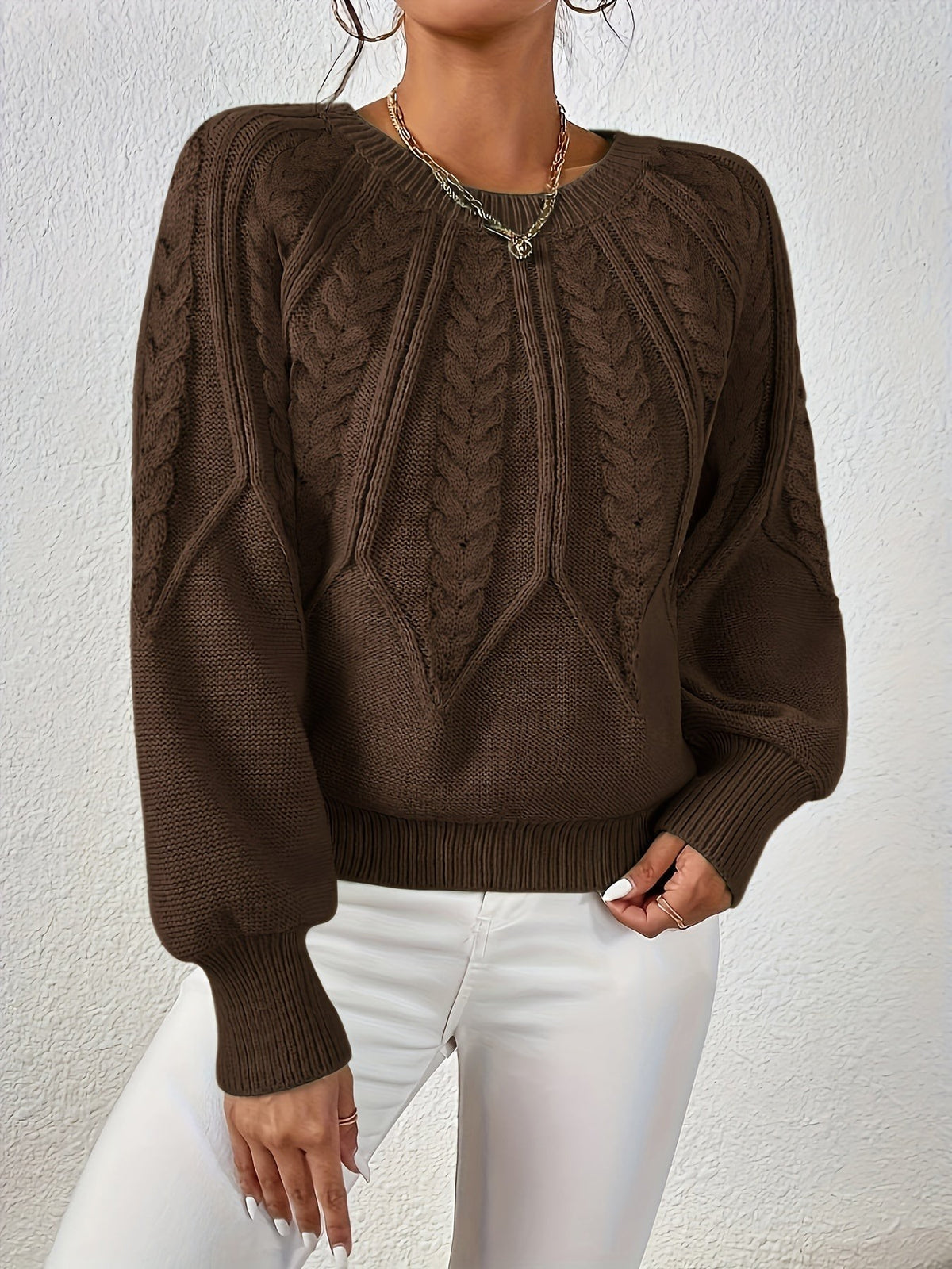 Women's Relaxed Cable Knit Jumper with Lantern Sleeves