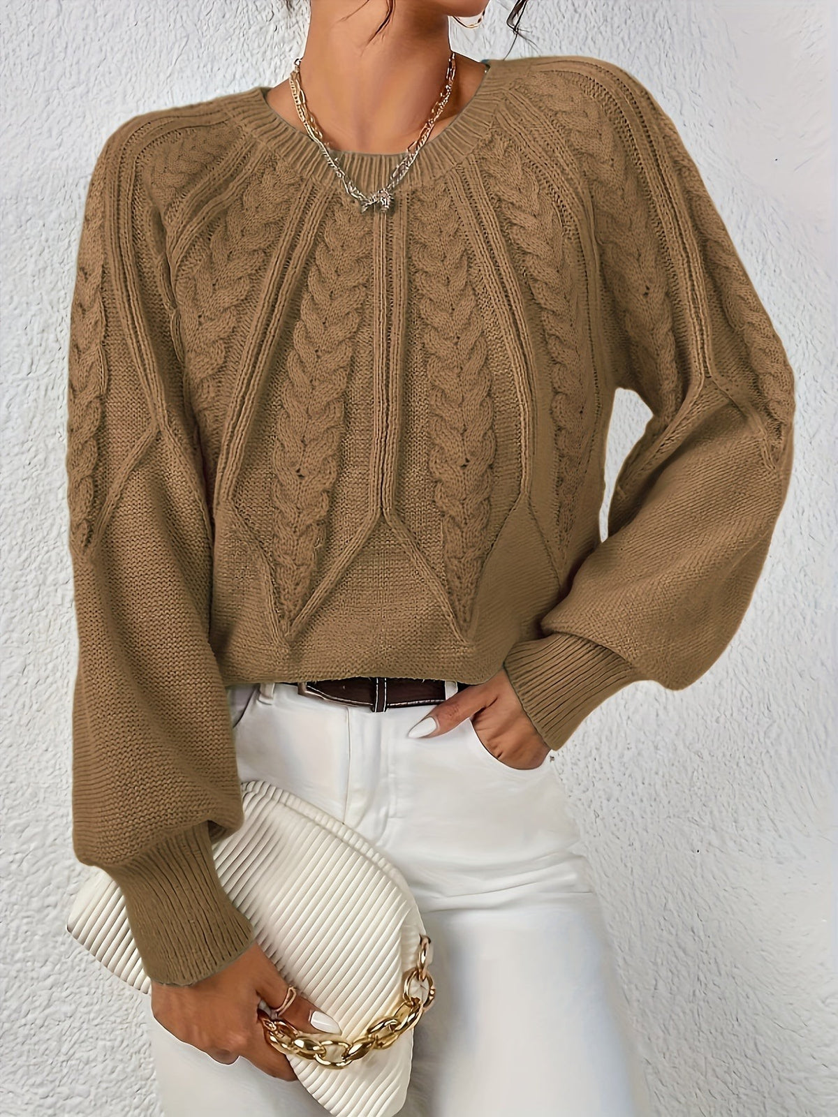 Women's Relaxed Cable Knit Jumper with Lantern Sleeves