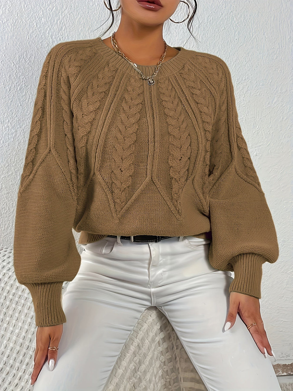 Women's Relaxed Cable Knit Jumper with Lantern Sleeves