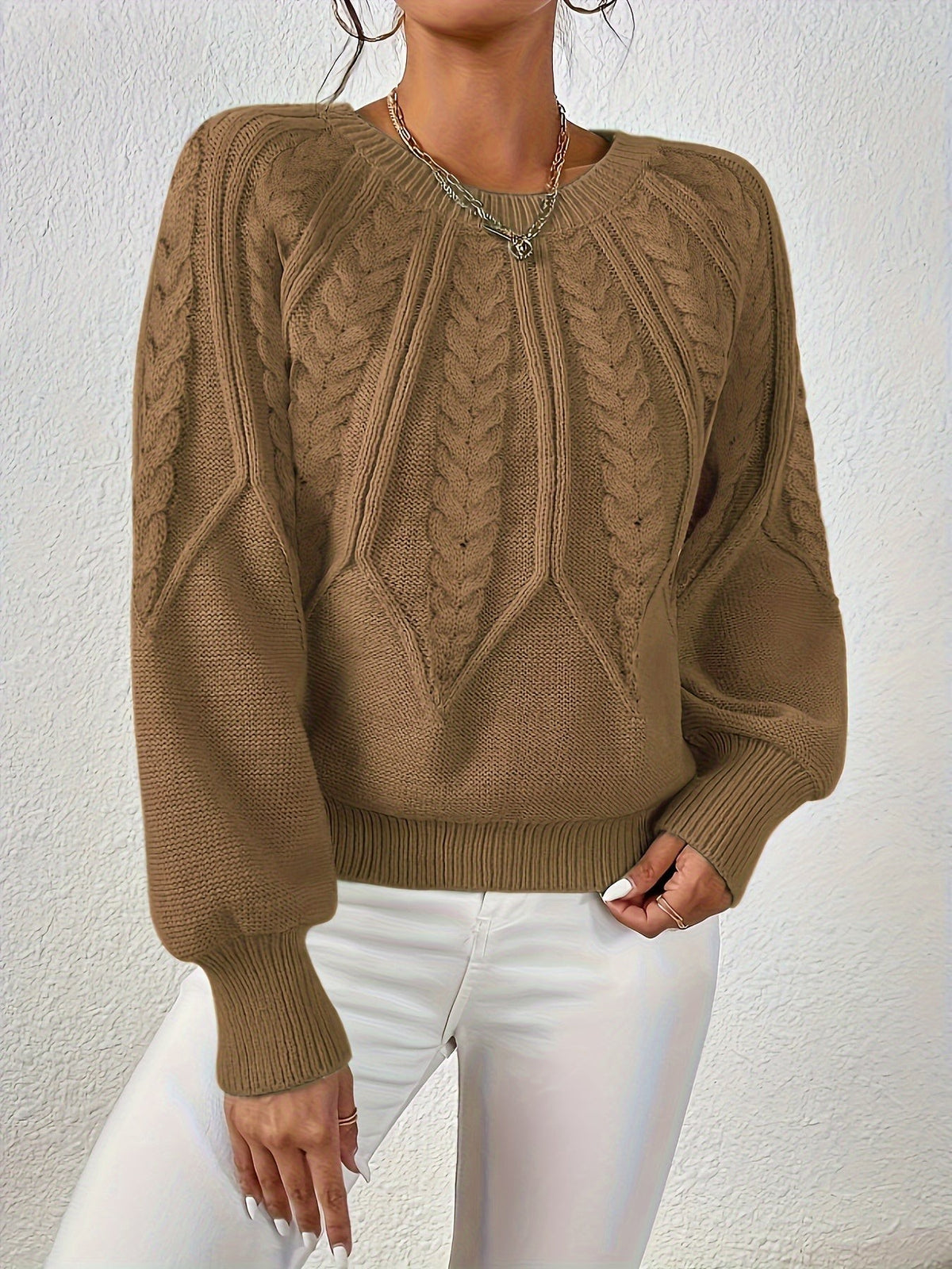 Women's Relaxed Cable Knit Jumper with Lantern Sleeves