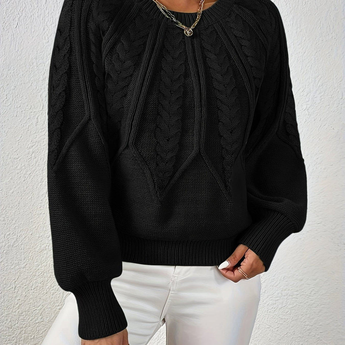 Women's Relaxed Cable Knit Jumper with Lantern Sleeves