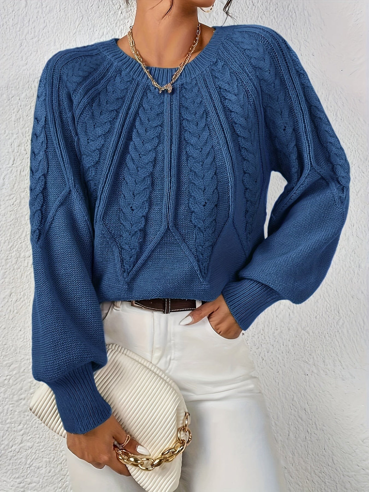 Women's Relaxed Cable Knit Jumper with Lantern Sleeves