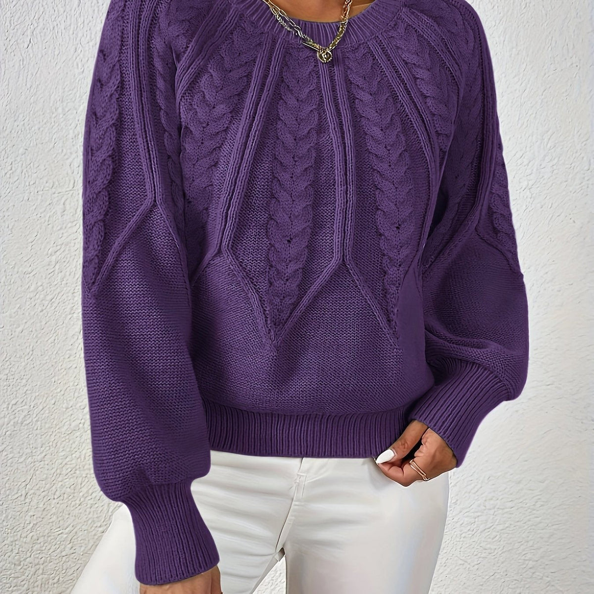 Women's Relaxed Cable Knit Jumper with Lantern Sleeves