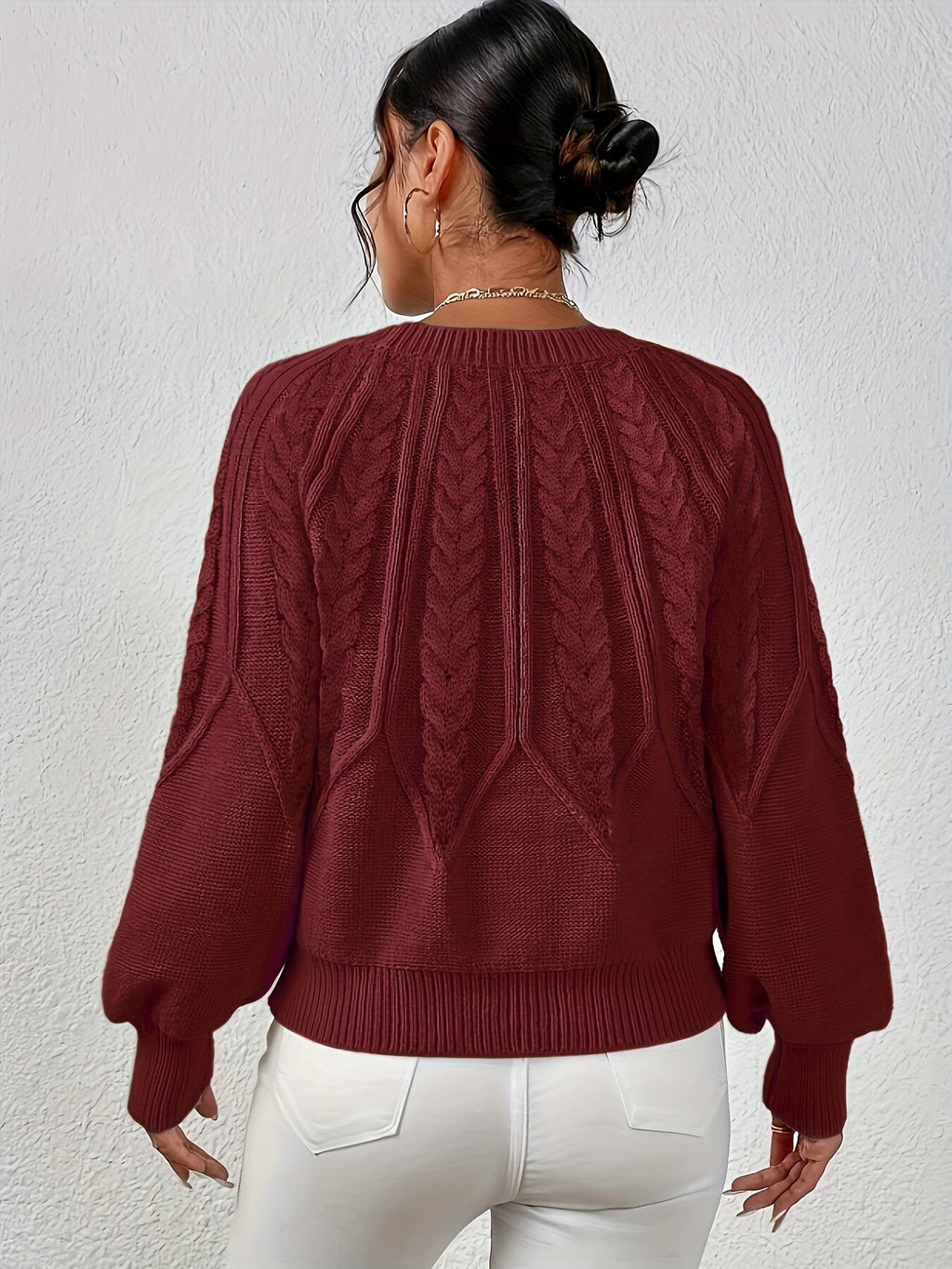 Women's Relaxed Cable Knit Jumper with Lantern Sleeves