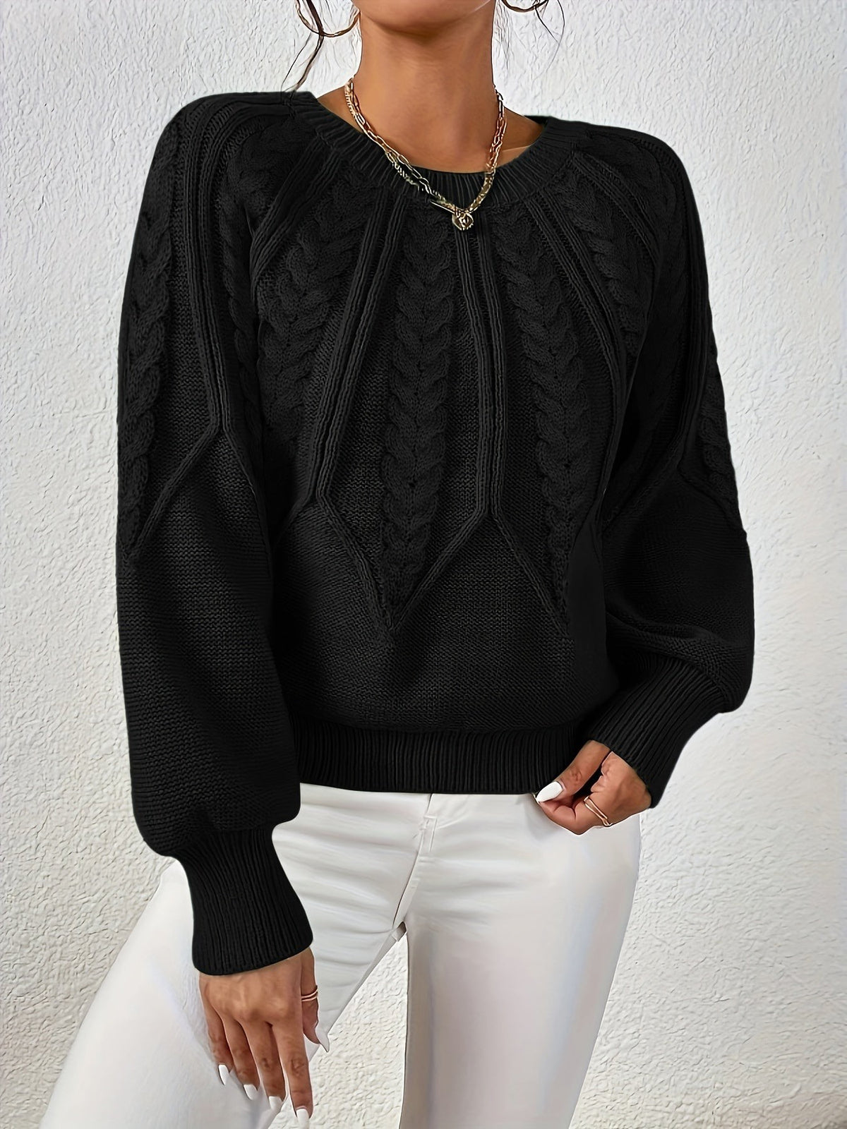 Women's Relaxed Cable Knit Jumper with Lantern Sleeves
