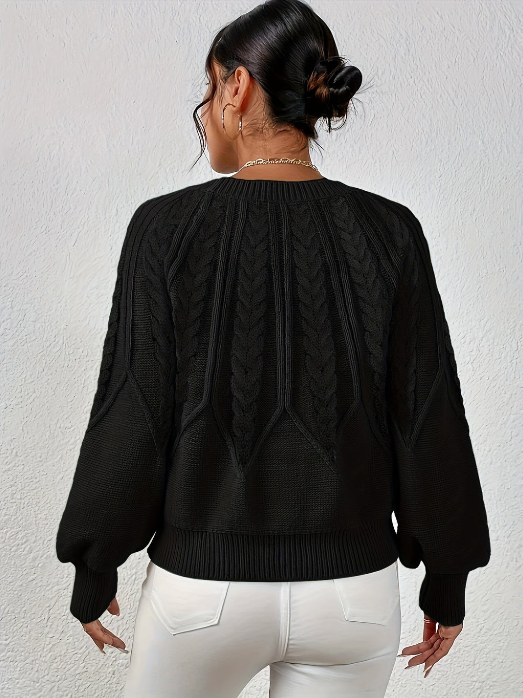 Women's Relaxed Cable Knit Jumper with Lantern Sleeves