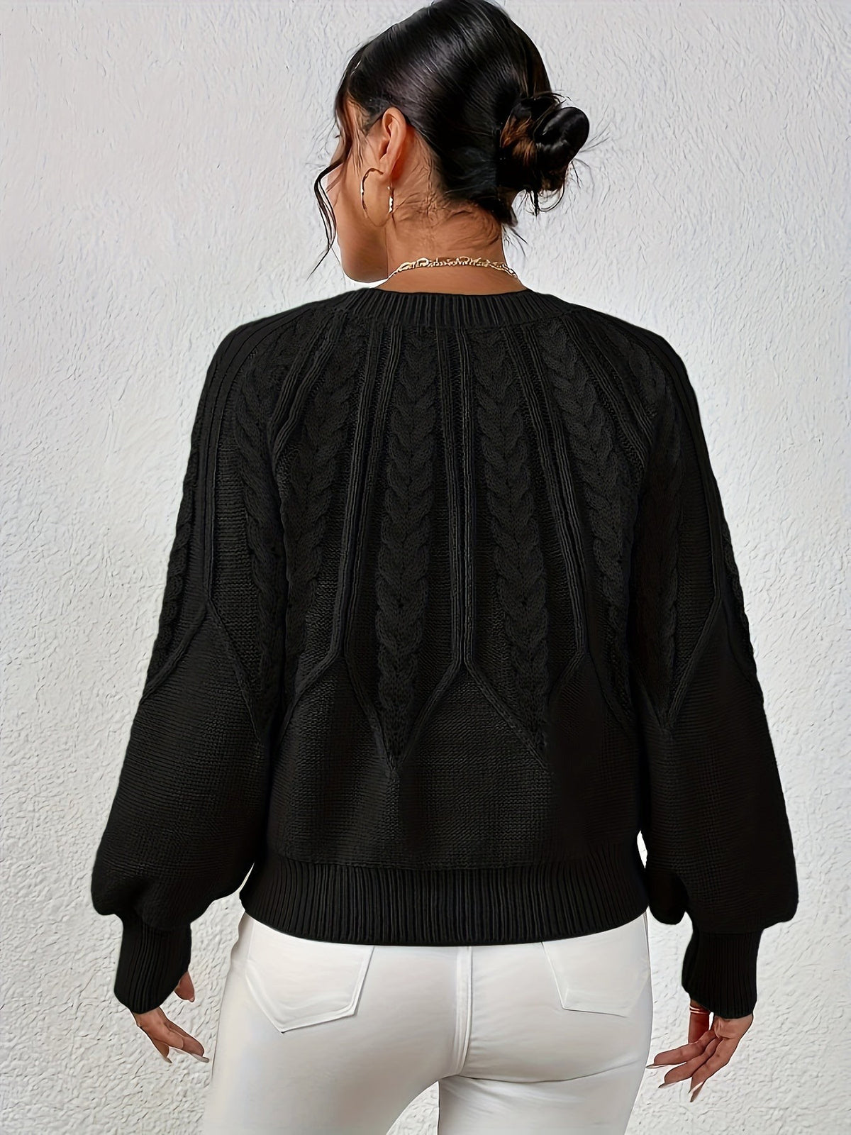 Women's Relaxed Cable Knit Jumper with Lantern Sleeves