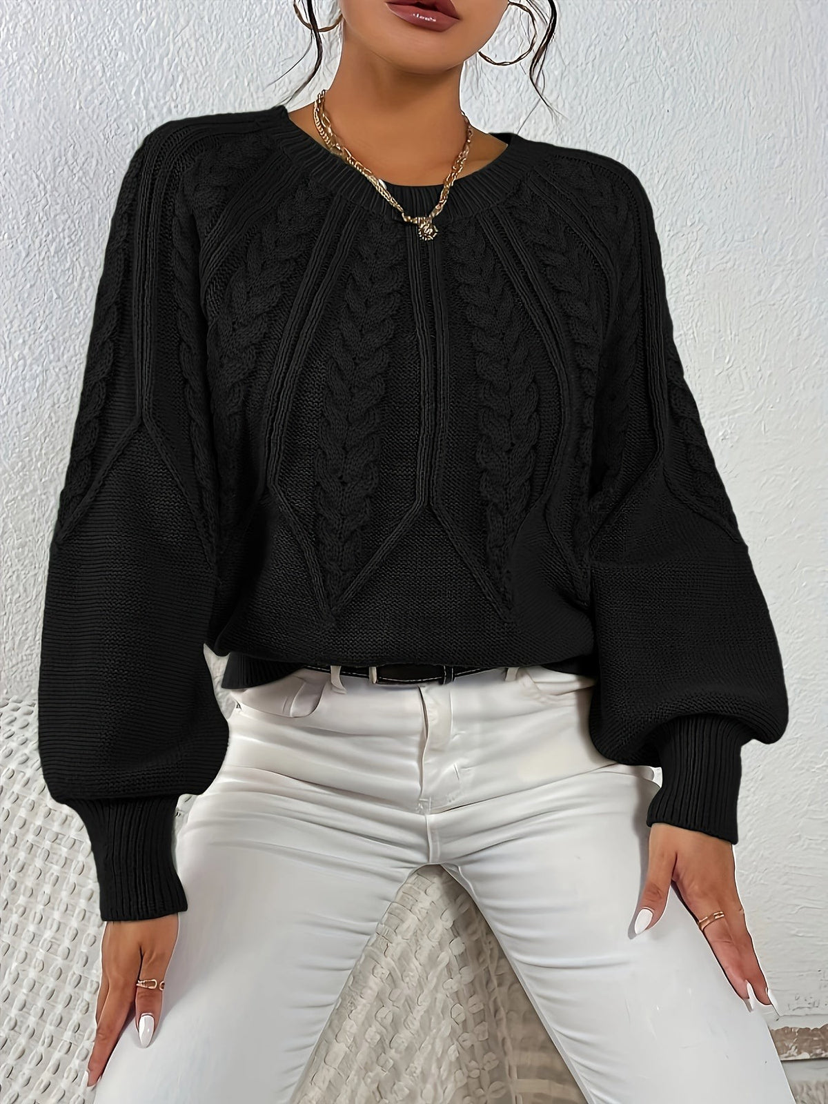 Women's Relaxed Cable Knit Jumper with Lantern Sleeves