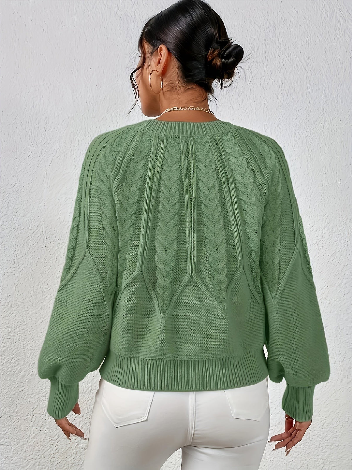Women's Relaxed Cable Knit Jumper with Lantern Sleeves