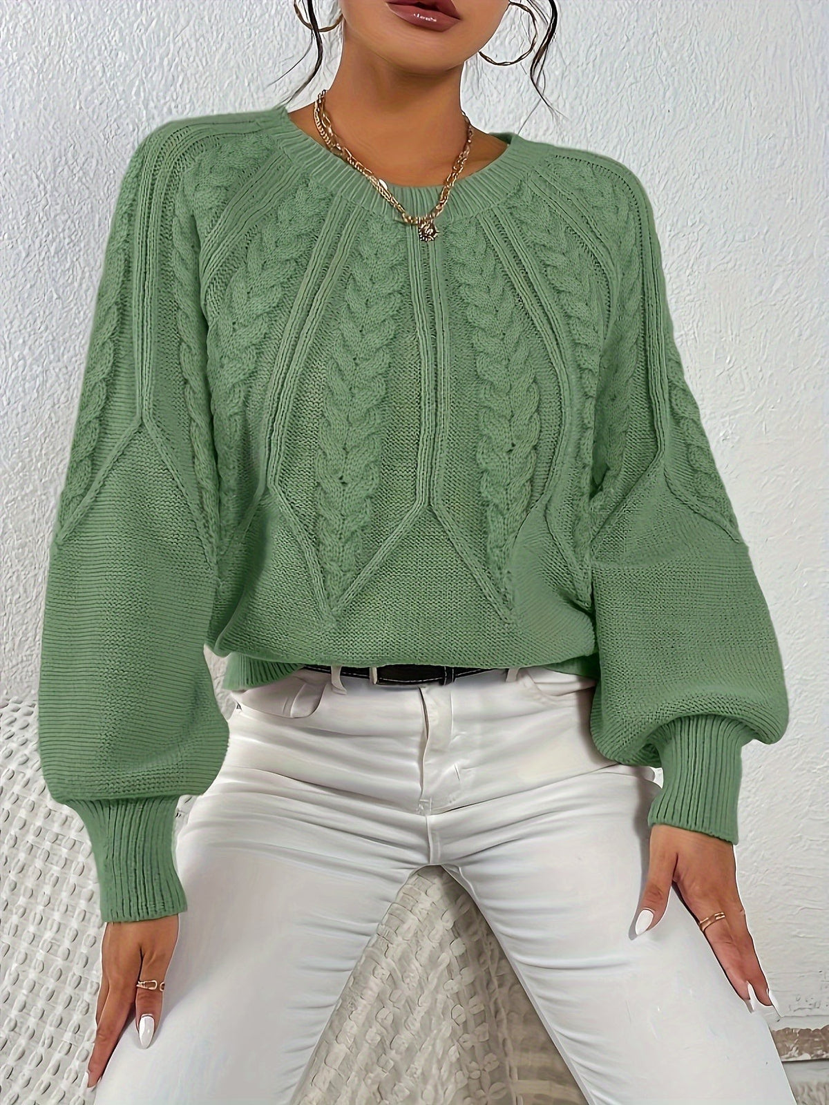 Women's Relaxed Cable Knit Jumper with Lantern Sleeves