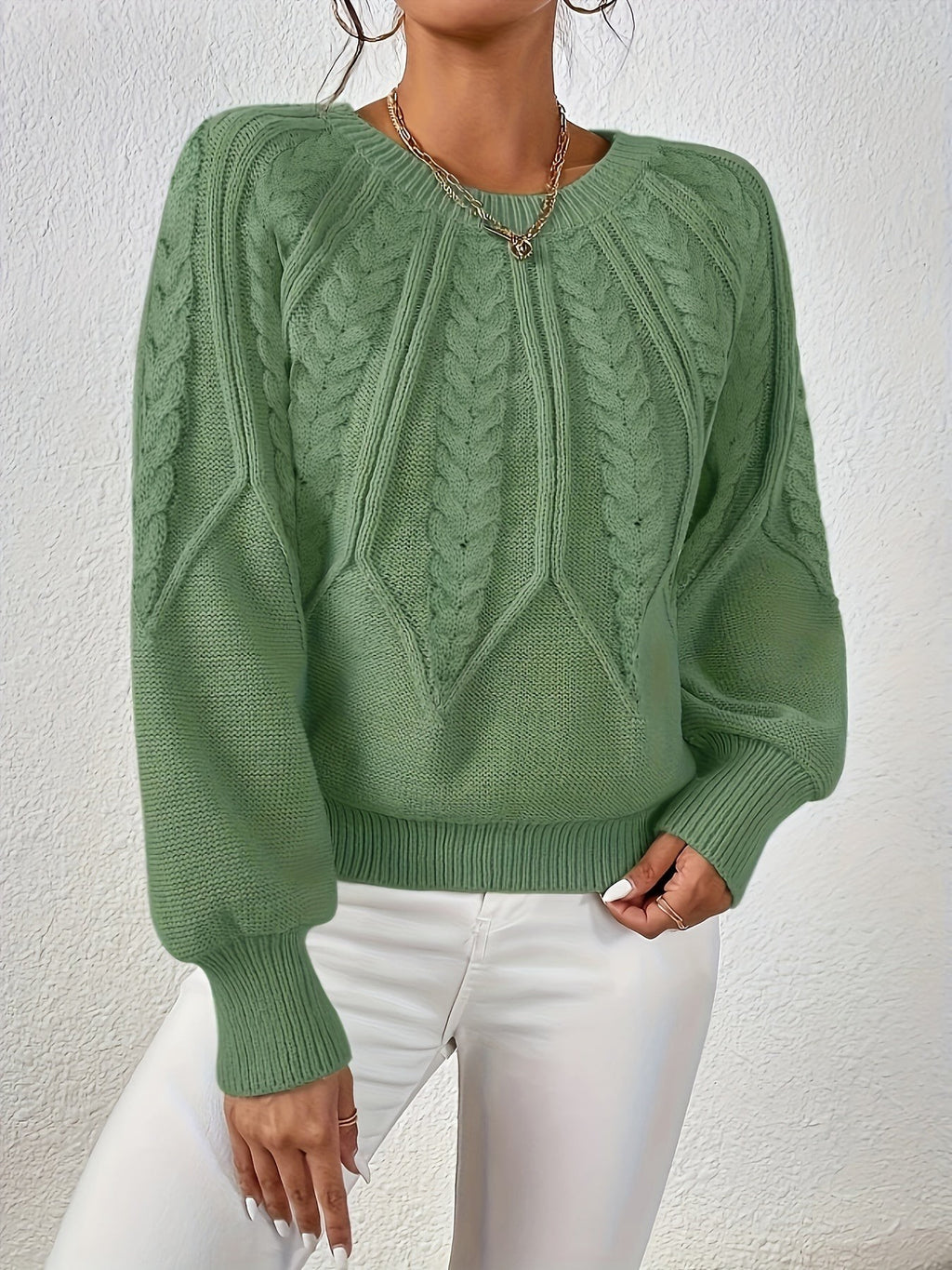Women's Relaxed Cable Knit Jumper with Lantern Sleeves