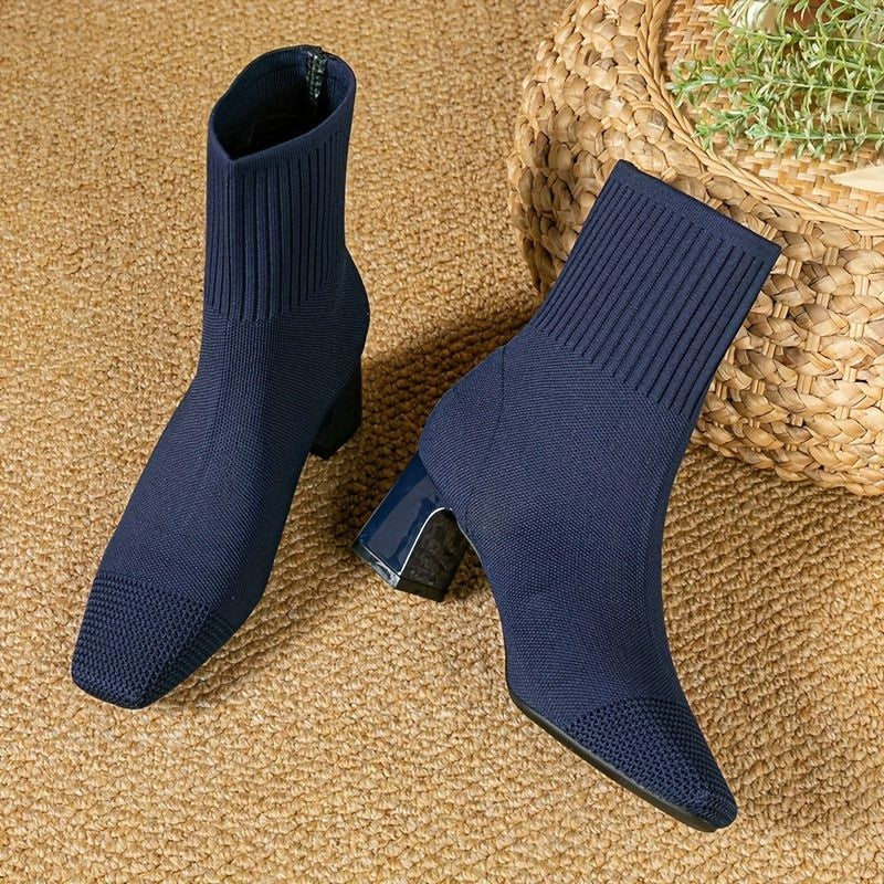 Women's Ribbed Knit Block Heel Ankle Boots