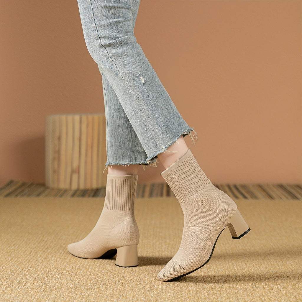 Women's Ribbed Knit Block Heel Ankle Boots