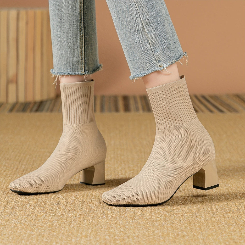 Women's Ribbed Knit Block Heel Ankle Boots