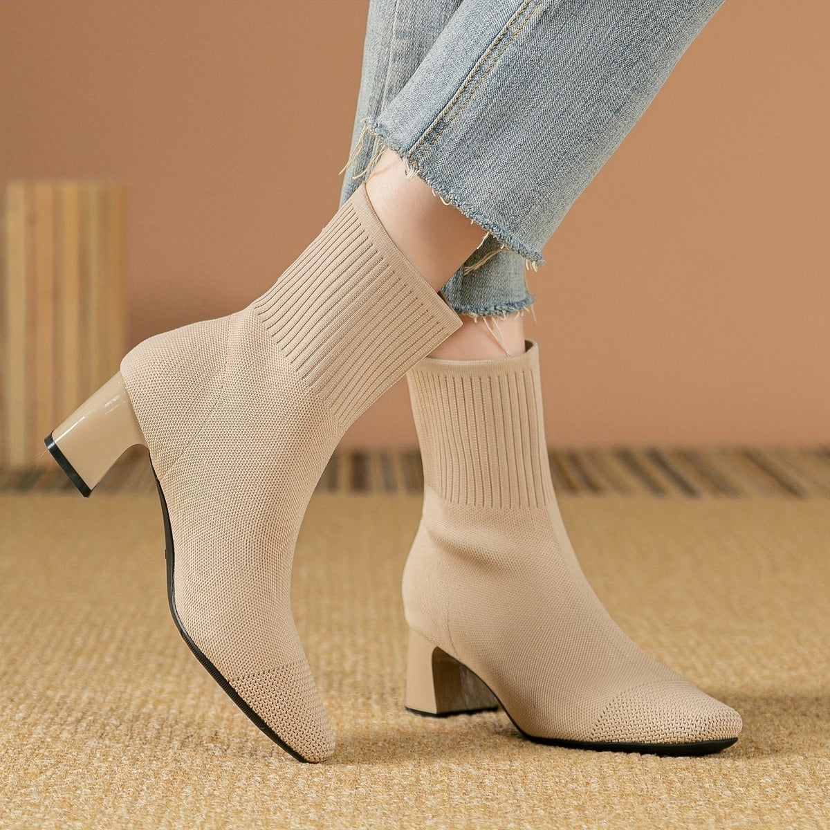 Women's Ribbed Knit Block Heel Ankle Boots