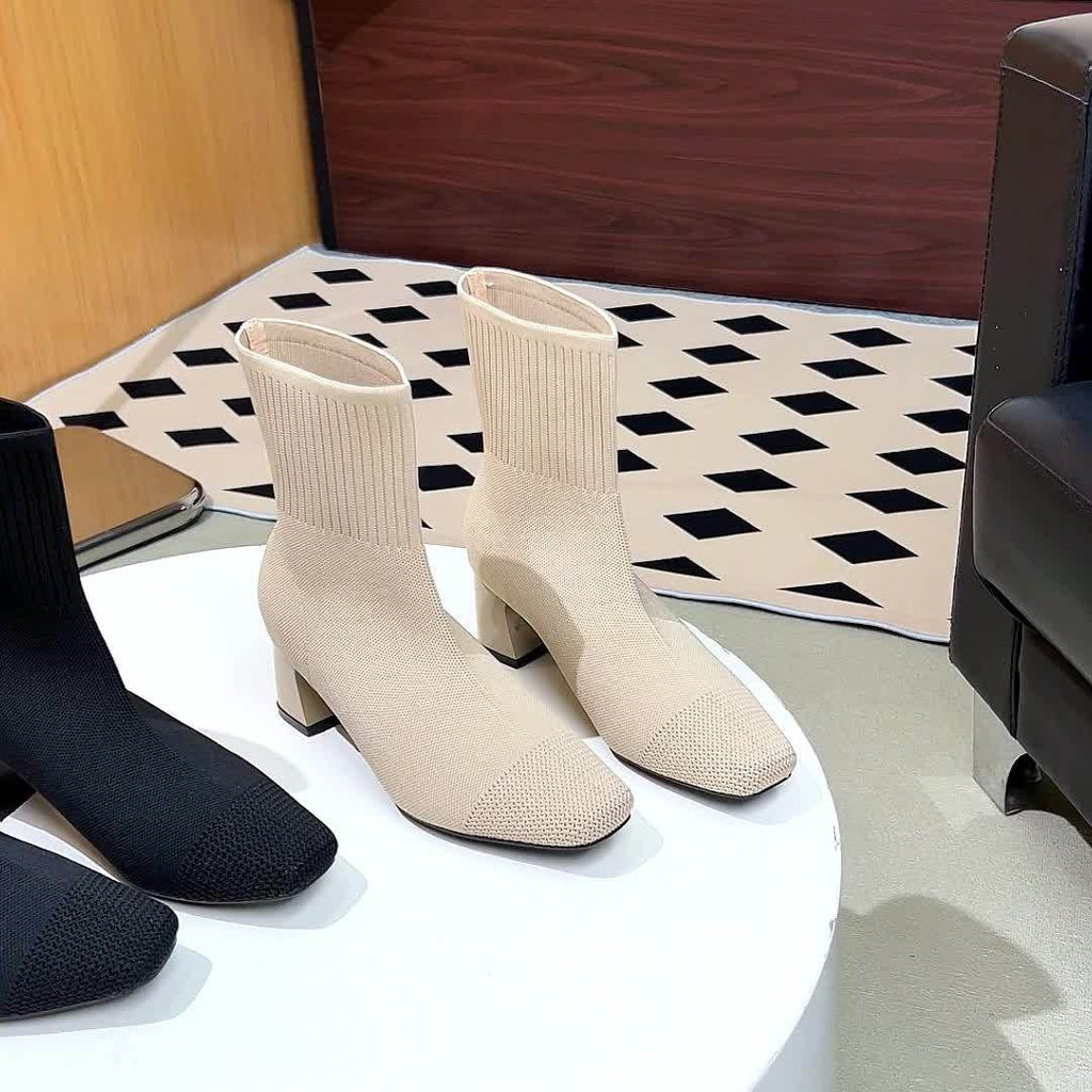 Women's Ribbed Knit Block Heel Ankle Boots
