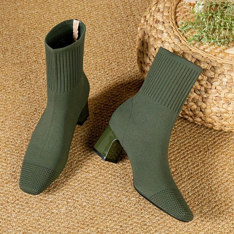 Women's Ribbed Knit Block Heel Ankle Boots