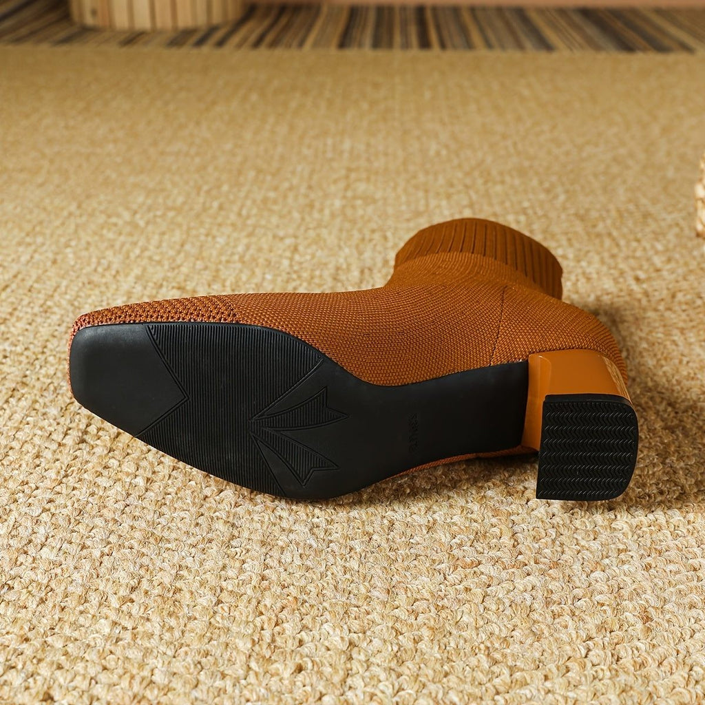 Women's Ribbed Knit Block Heel Ankle Boots