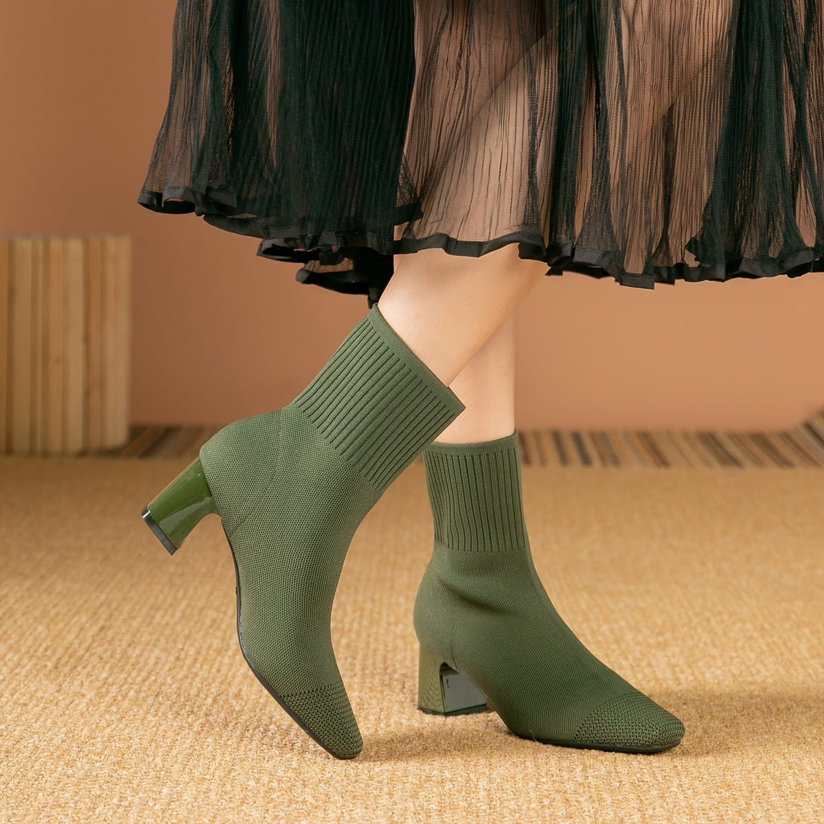 Women's Ribbed Knit Block Heel Ankle Boots