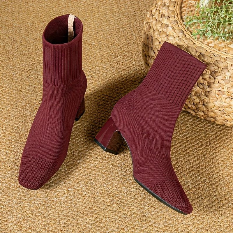 Women's Ribbed Knit Block Heel Ankle Boots