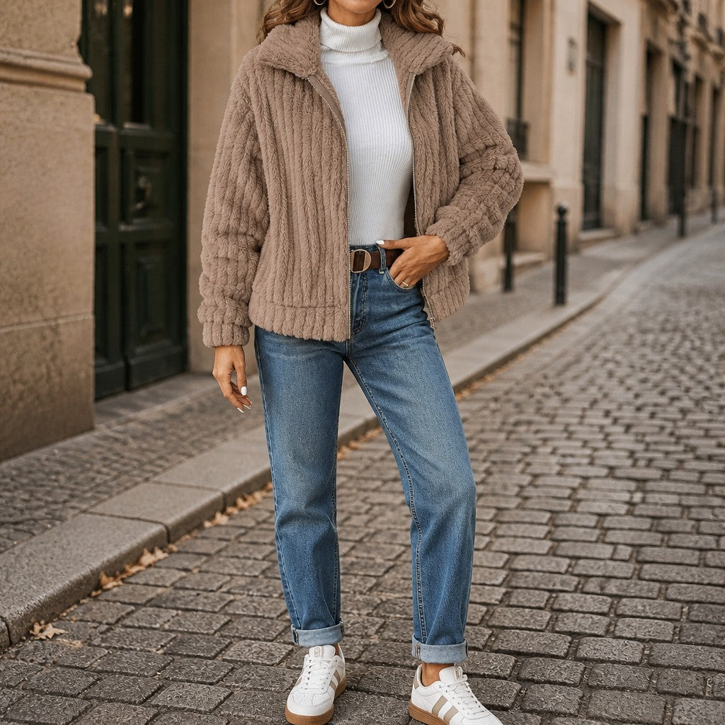 Women's Ribbed Teddy Jacket with Wide Collar