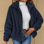 Women's Ribbed Teddy Jacket with Wide Collar