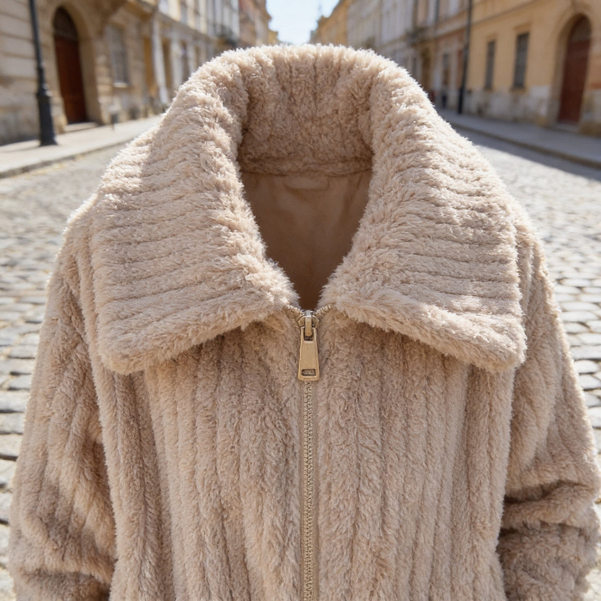 Women's Ribbed Teddy Jacket with Wide Collar