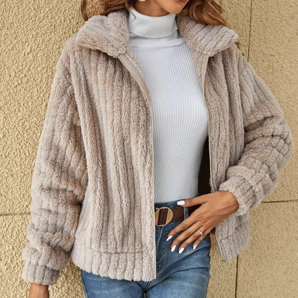 Women's Ribbed Teddy Jacket with Wide Collar
