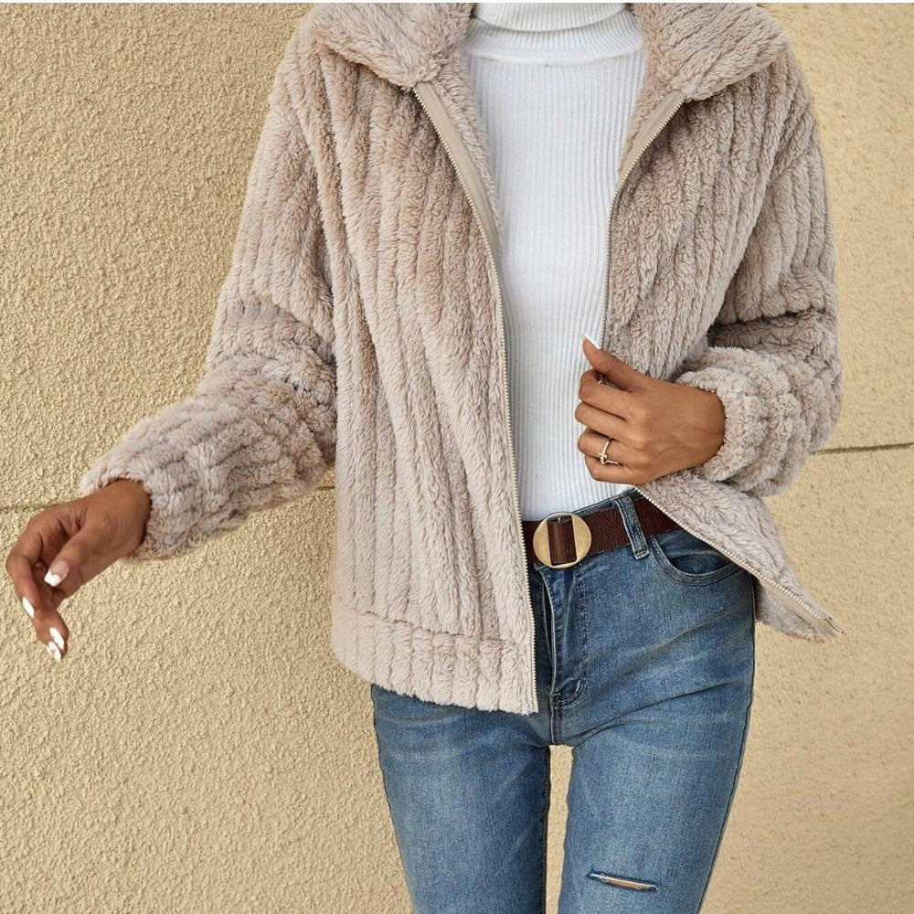 Women's Ribbed Teddy Jacket with Wide Collar