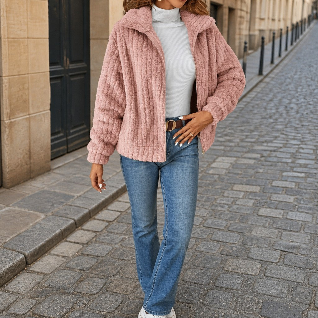 Women's Ribbed Teddy Jacket with Wide Collar