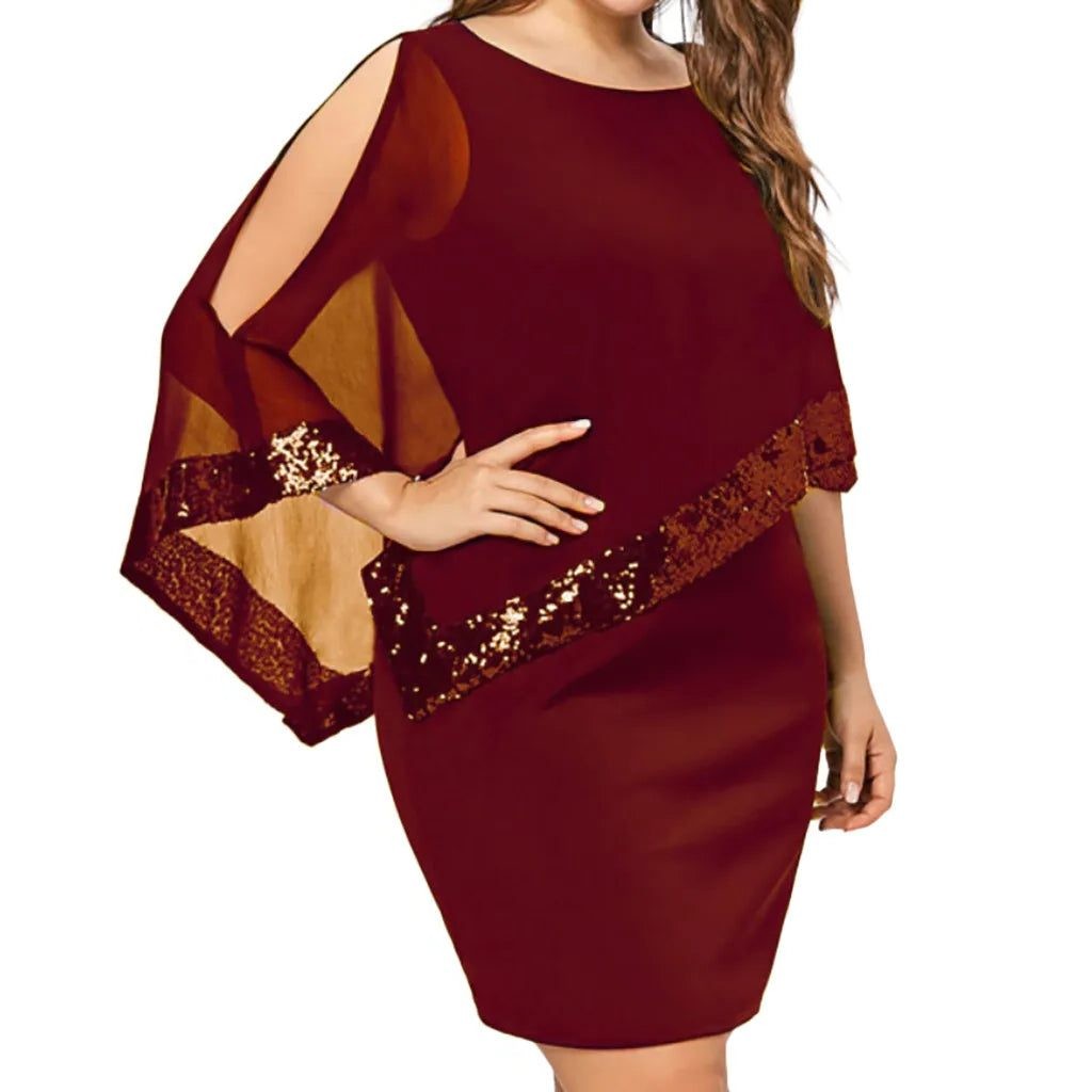 Women's Sequin Trim Cold Shoulder Midi Cocktail Dress