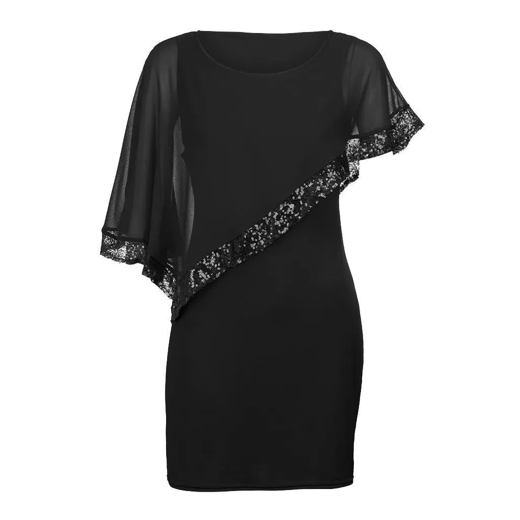 Women's Sequin Trim Cold Shoulder Midi Cocktail Dress