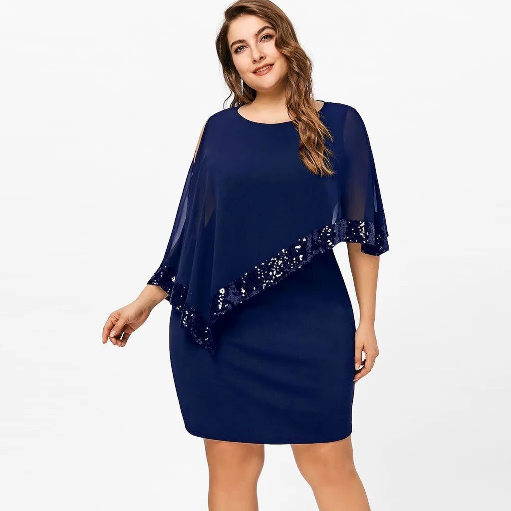 Women's Sequin Trim Cold Shoulder Midi Cocktail Dress