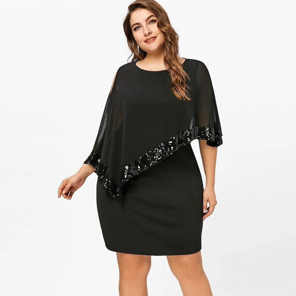 Women's Sequin Trim Cold Shoulder Midi Cocktail Dress