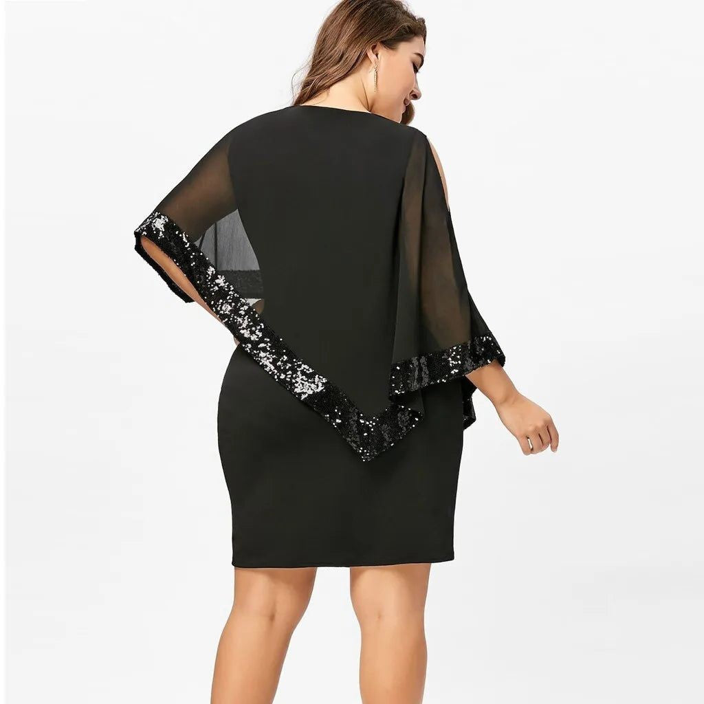 Women's Sequin Trim Cold Shoulder Midi Cocktail Dress