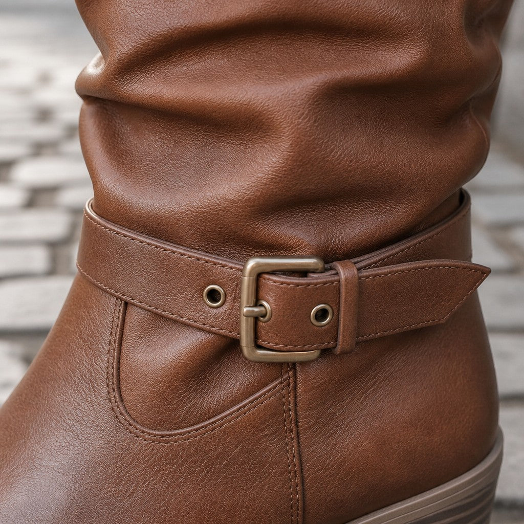 Women's Slouch Knee High Boots with Double Buckles