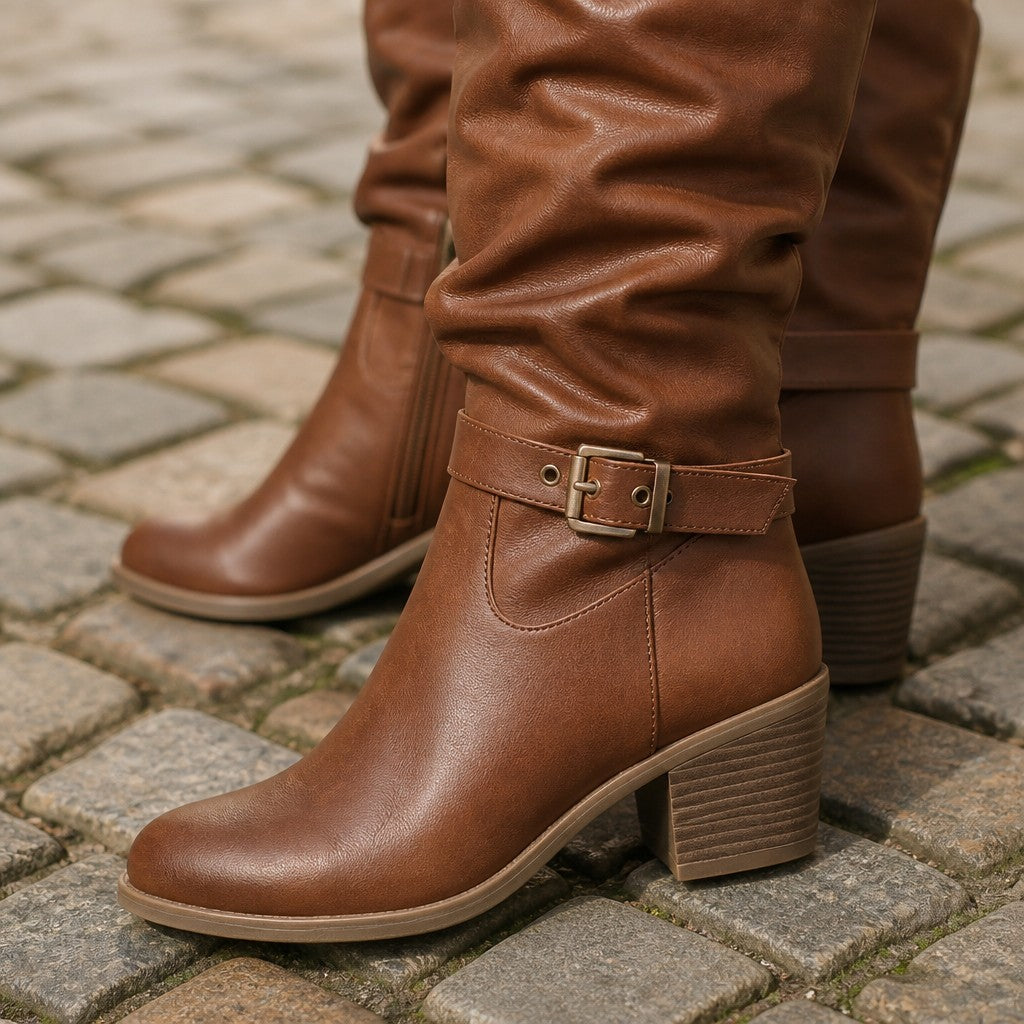 Women's Slouch Knee High Boots with Double Buckles