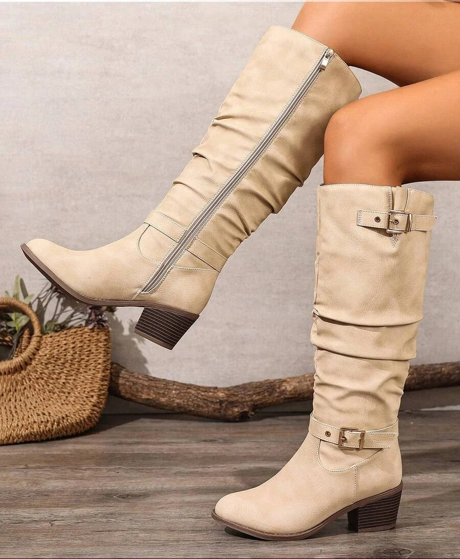 Women's Slouch Knee High Boots with Double Buckles