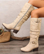 Women's Slouch Knee High Boots with Double Buckles