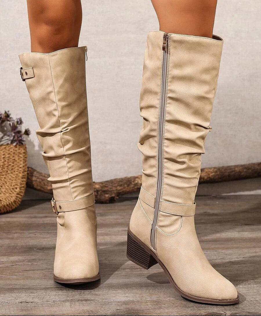 Women's Slouch Knee High Boots with Double Buckles