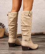 Women's Slouch Knee High Boots with Double Buckles