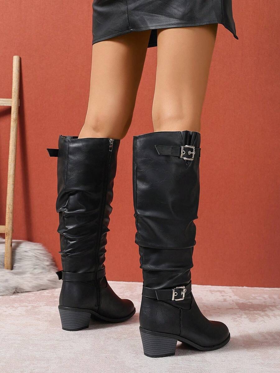 Women's Slouch Knee High Boots with Double Buckles