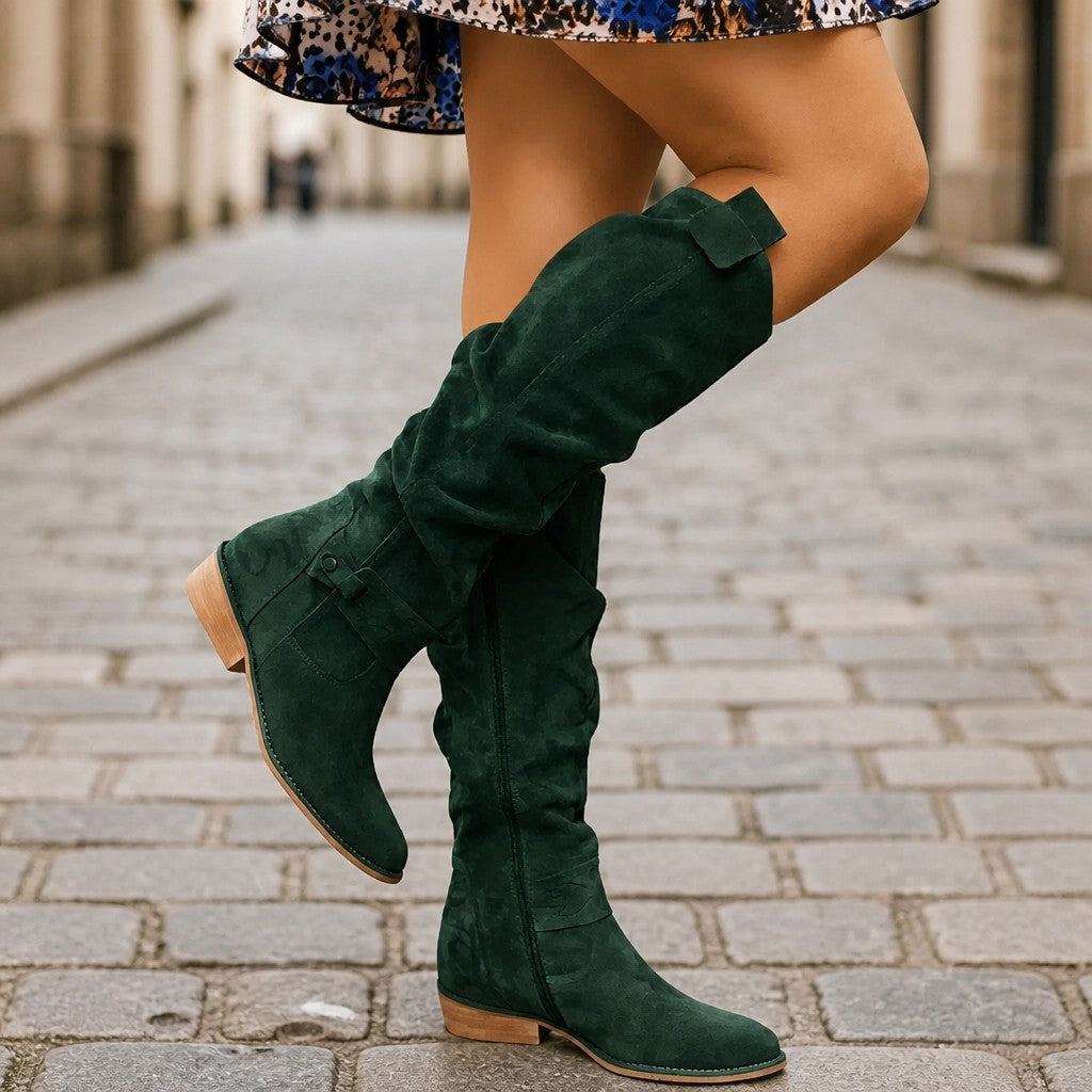 Women's Slouch Knee High Boots with Low Block Heel
