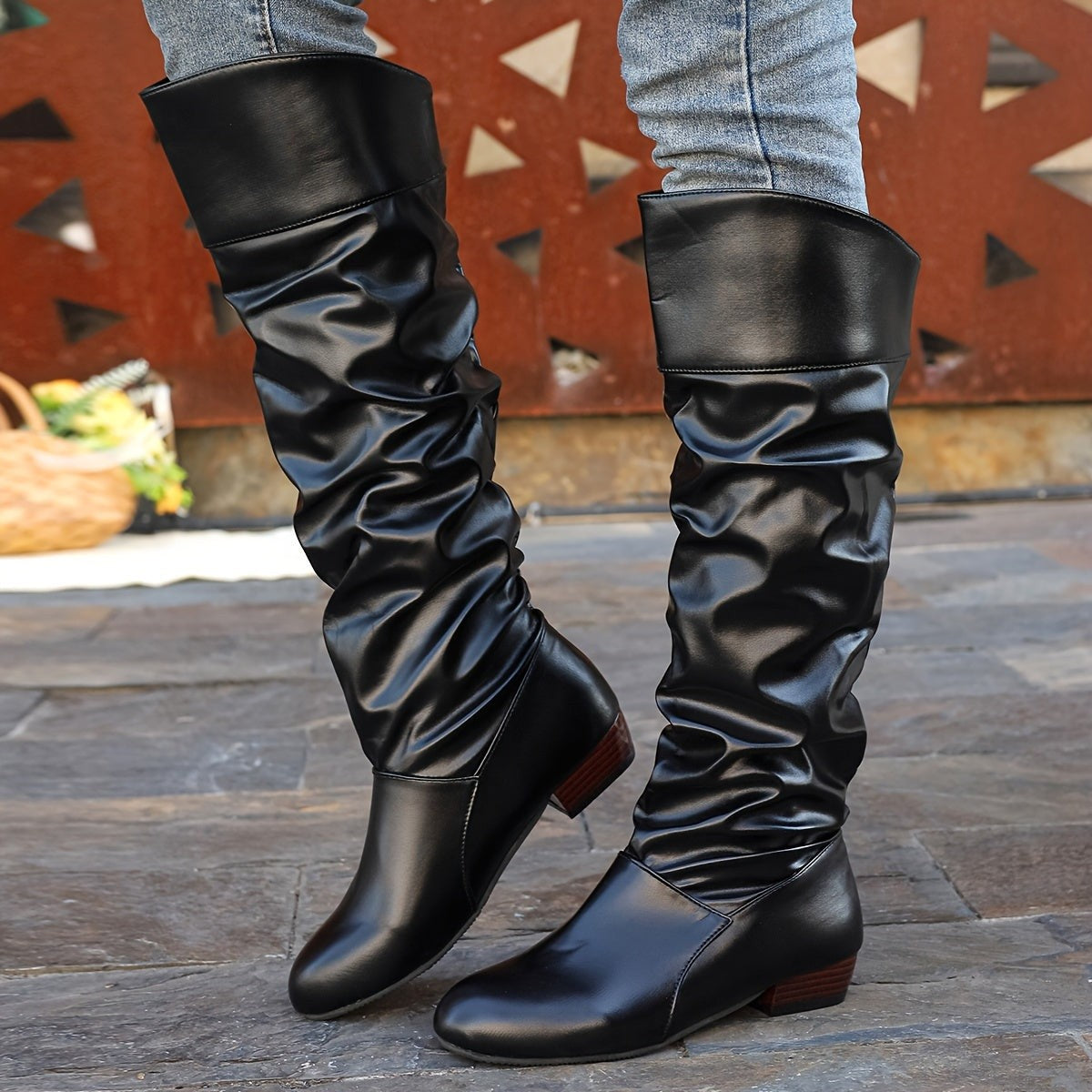 Women's Slouch Knee High Boots with Low Heel