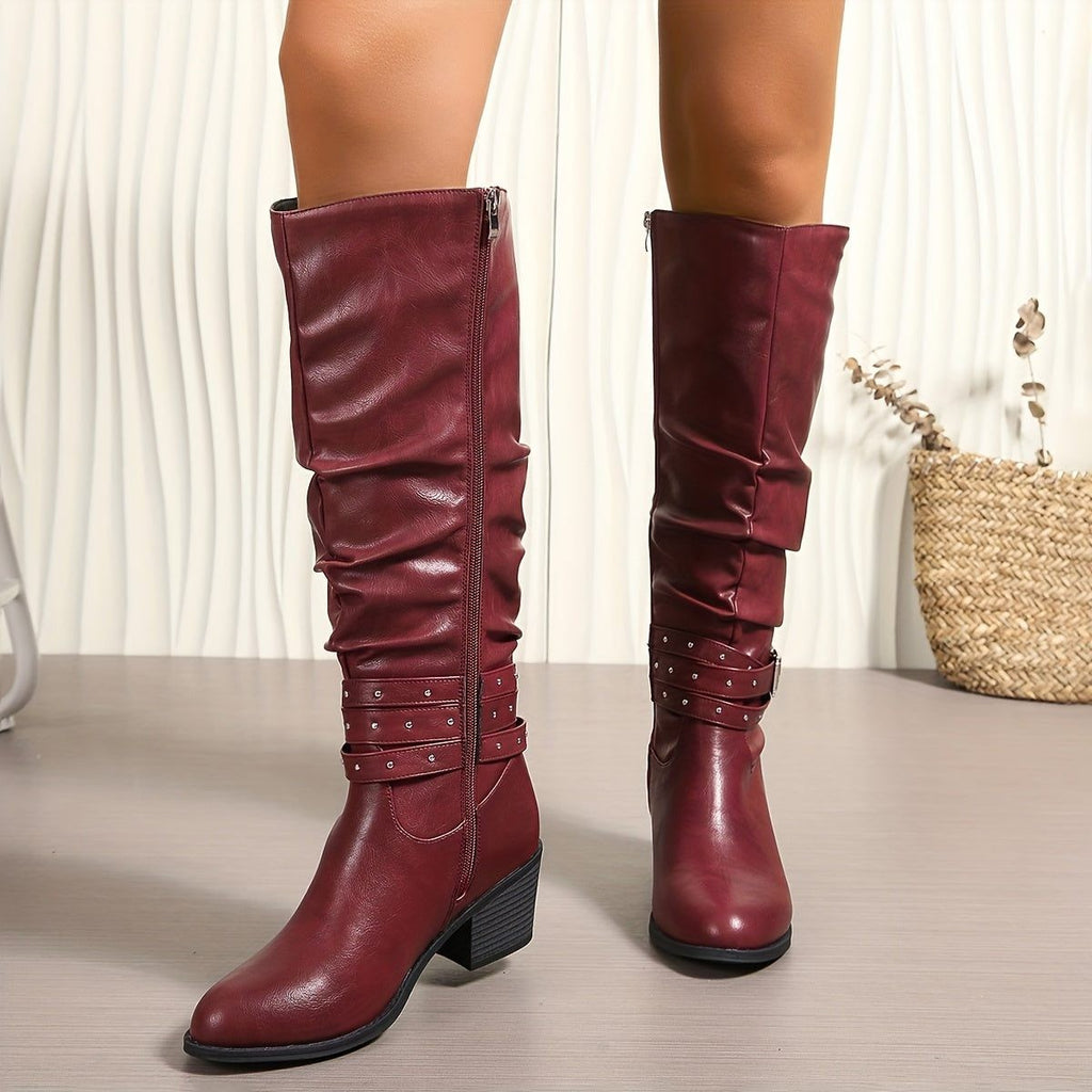 Women's Slouchy Black Knee High Boots with Block Heel